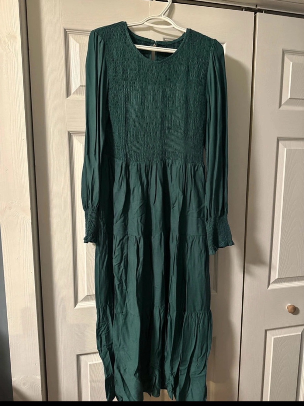 Long Sleeve Smocked Maxi Dress in Forest Green